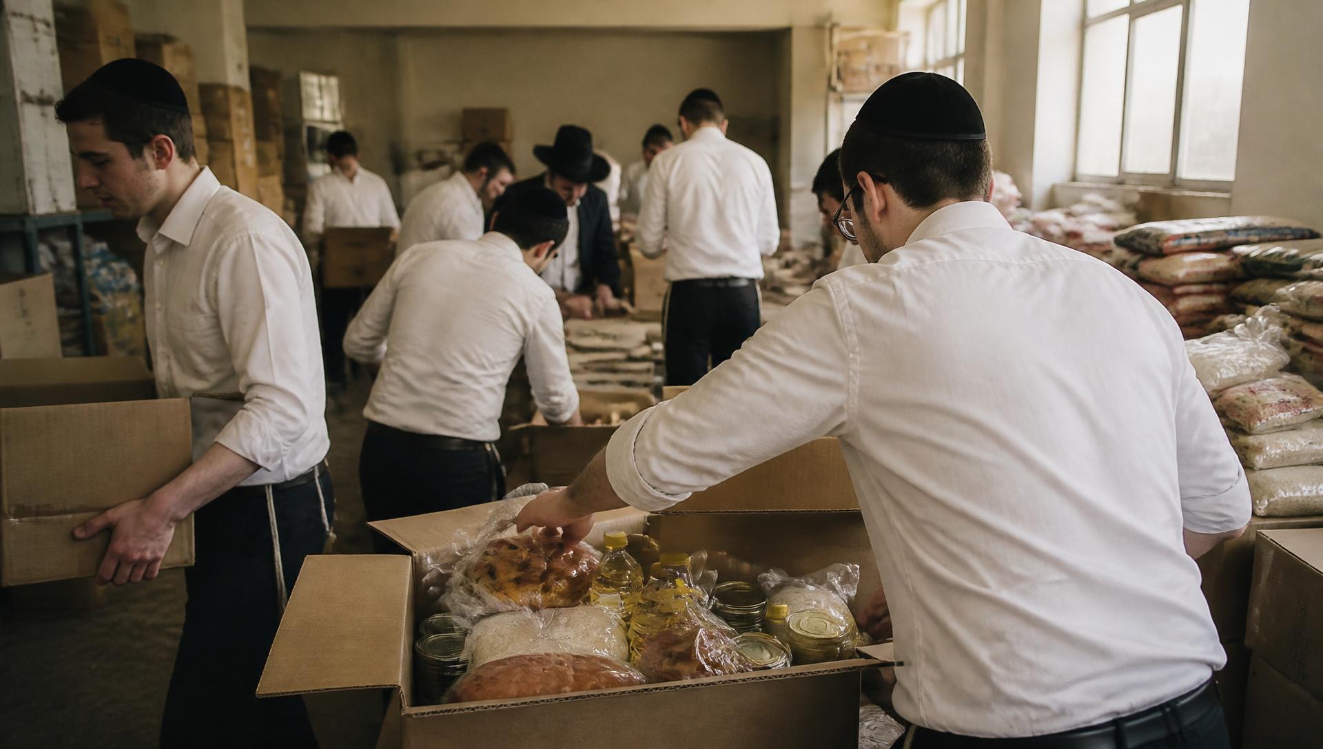 Yeshivish volunteers preparing food packages for families in Eretz Yisrael